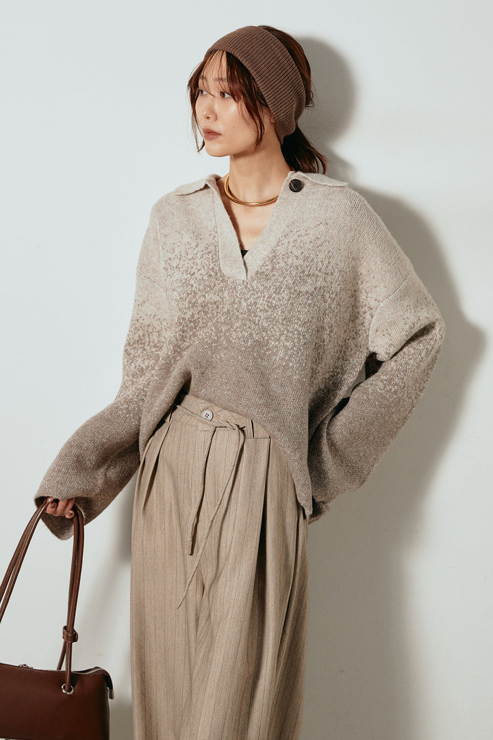 [SET]グラデーションラメニットキーネックプルオーバー+ストライプヘリンボーンパンツ(2set)