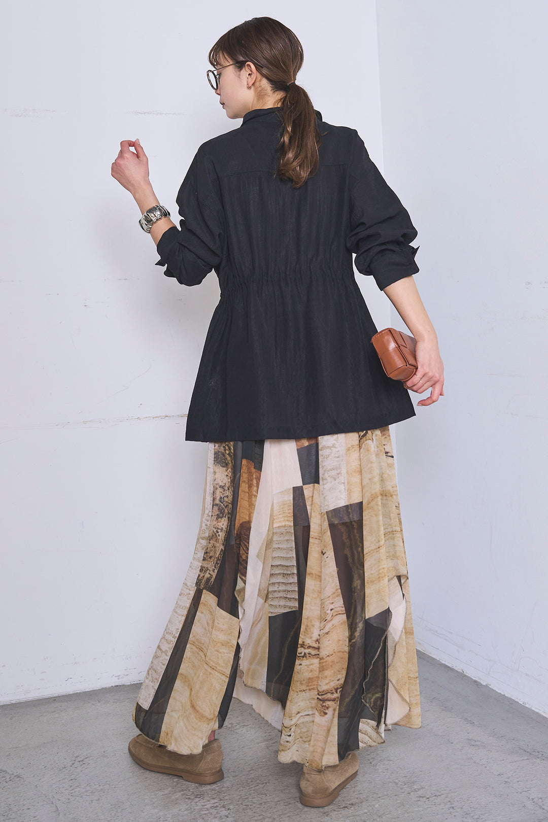 [SET]リネンブレンドシアーサファリシャツ+アートペイント柄スカート(2set)