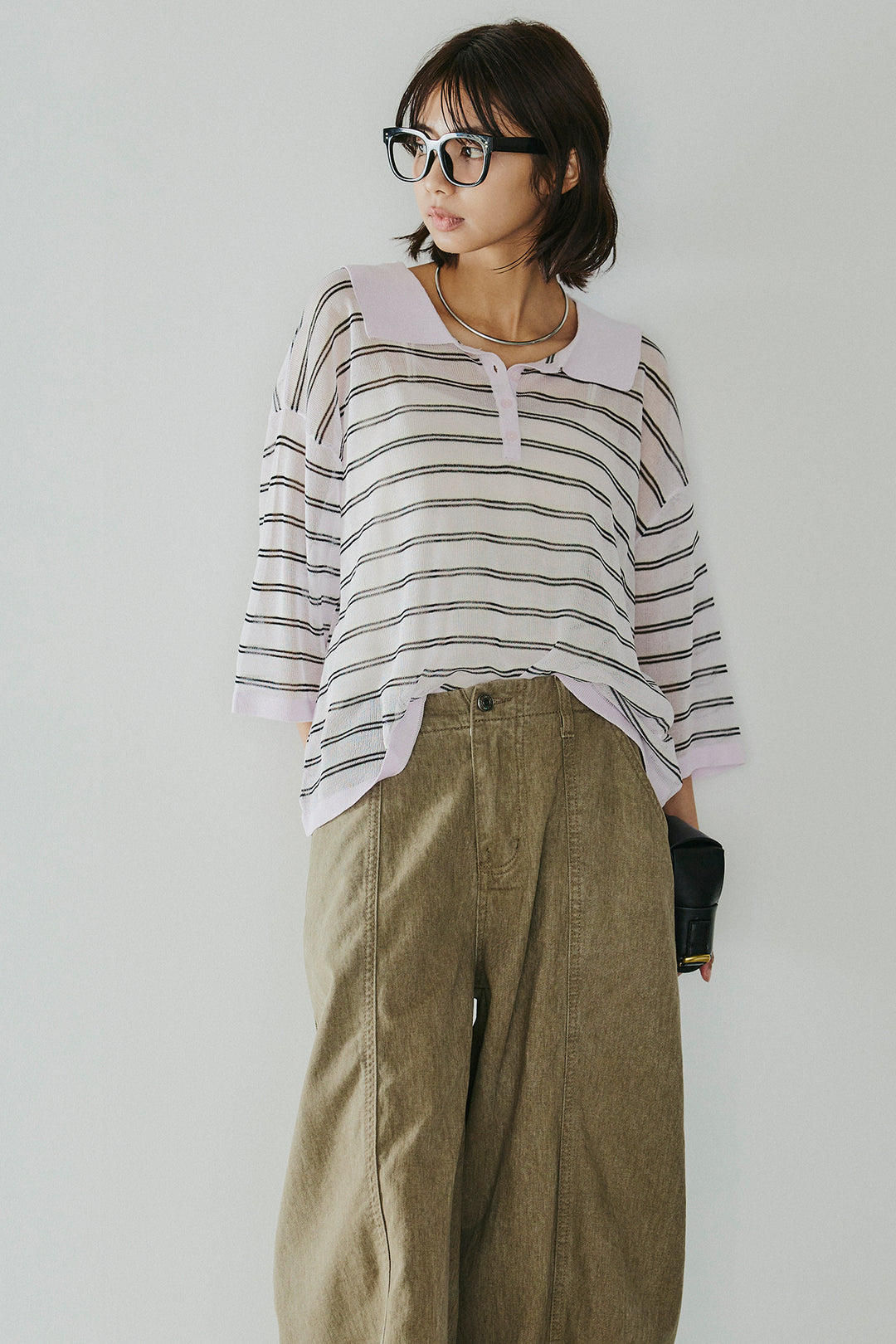 [SET]ボーダーニットポロシャツ+サイドベルトカーブワイドパンツ(2set)