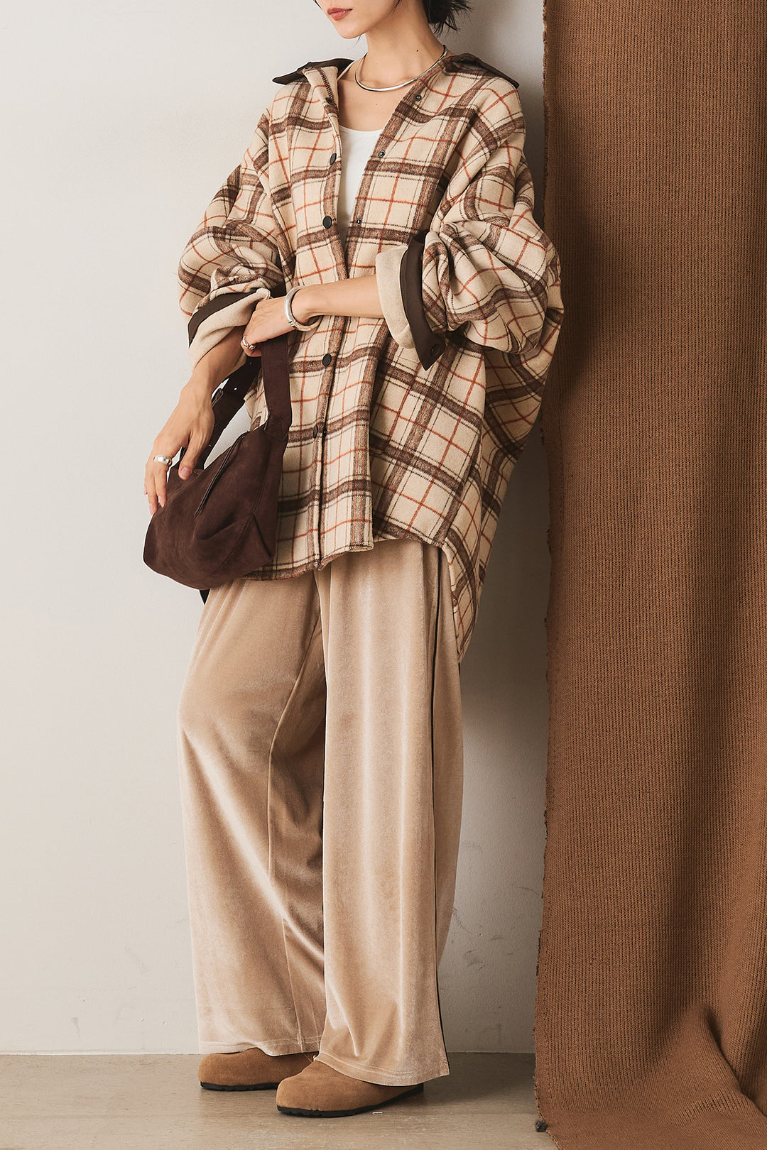 【即納】マルチチェックミディアム丈コート/ベージュ