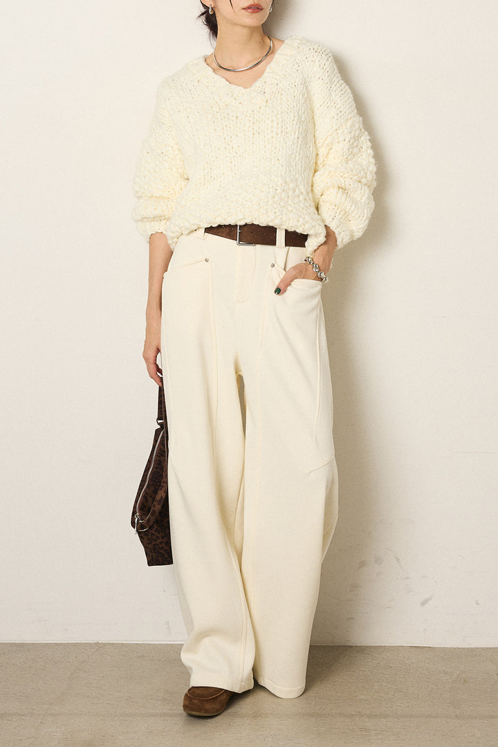 [SET]Vネックハンド編みニットトップス+太ベルト付きスウェットワイドカーブパンツ(2set)