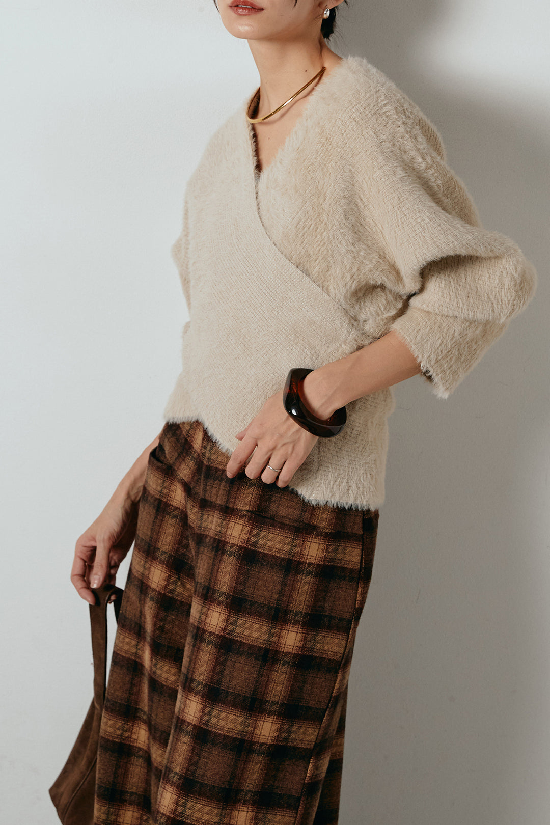 [SET]シャギーカシュクールニットトップス+ルーズタータンチェックワイドパンツ(2set)