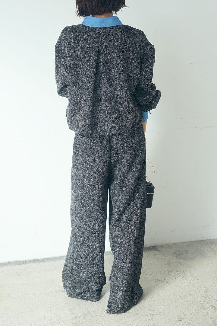 [SET]ツイード×デニムショート丈シャツ+ツイード×デニムハイウエストラインロングパンツ(2set)