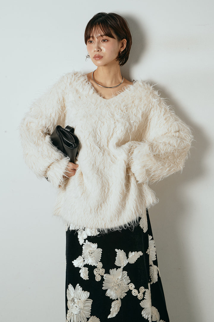 [SET]深Vネックシャギーニットトップス+フラワー刺繍ワイドスカート(2set)