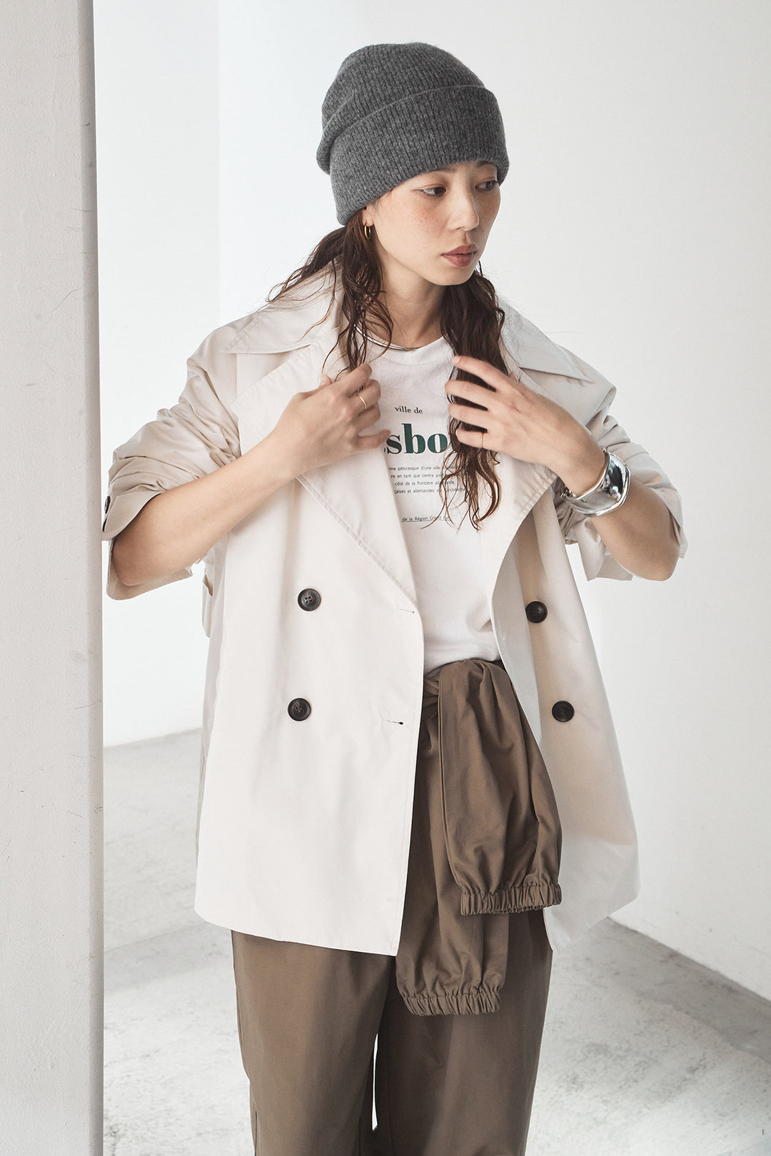 [SET]ナイロントレンチコート+合繊ツイルスタンドウエスト巻きジョガーパンツ(2set)