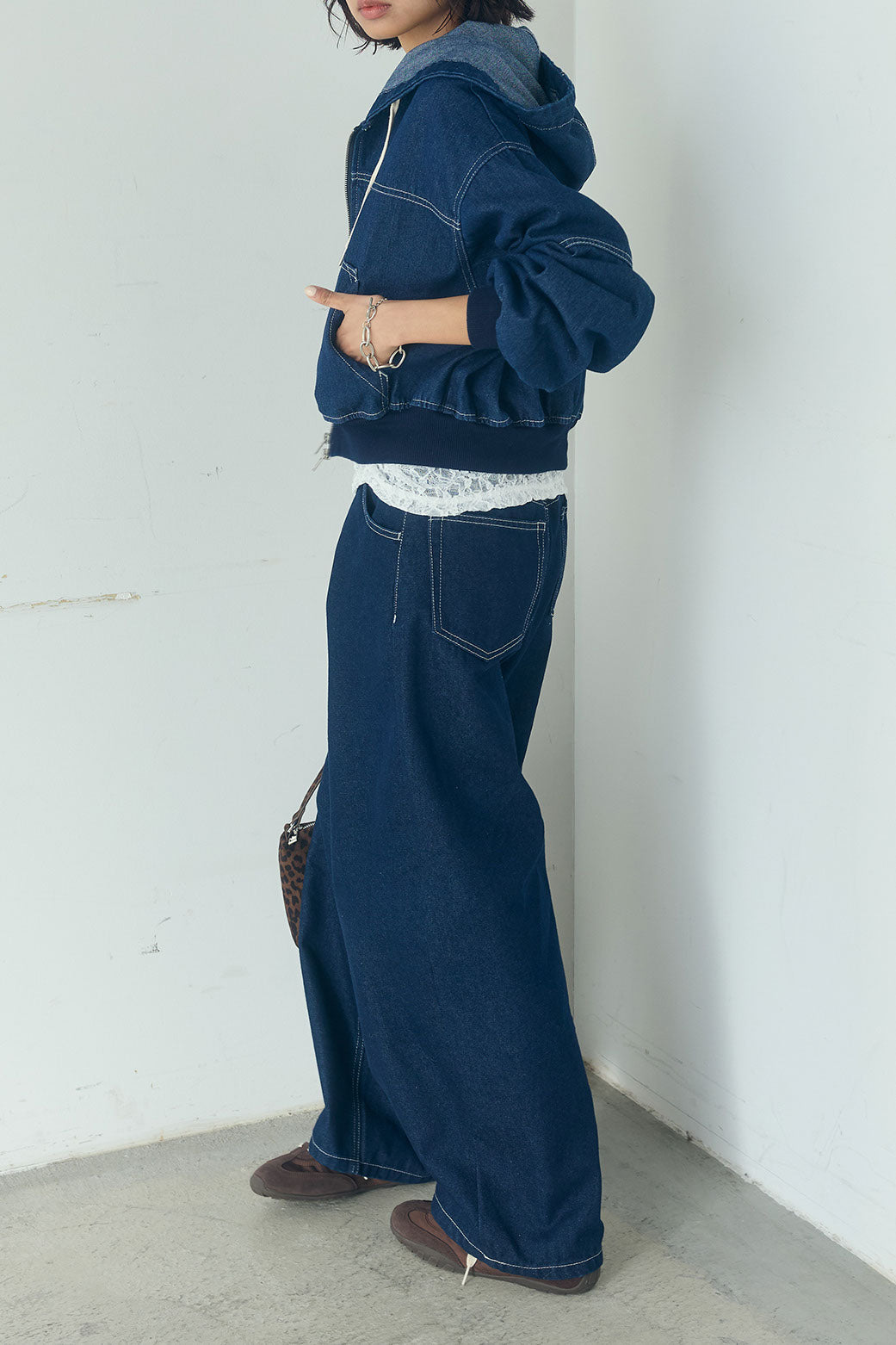 [SET]デニムダブルジップパーカーブルゾン+デニムタックカーブパンツ(2set)