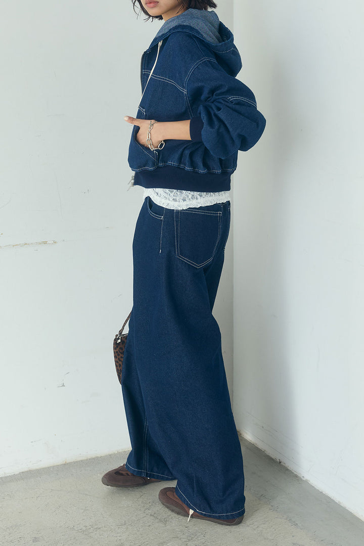 [SET]デニムダブルジップパーカーブルゾン+デニムタックカーブパンツ(2set)