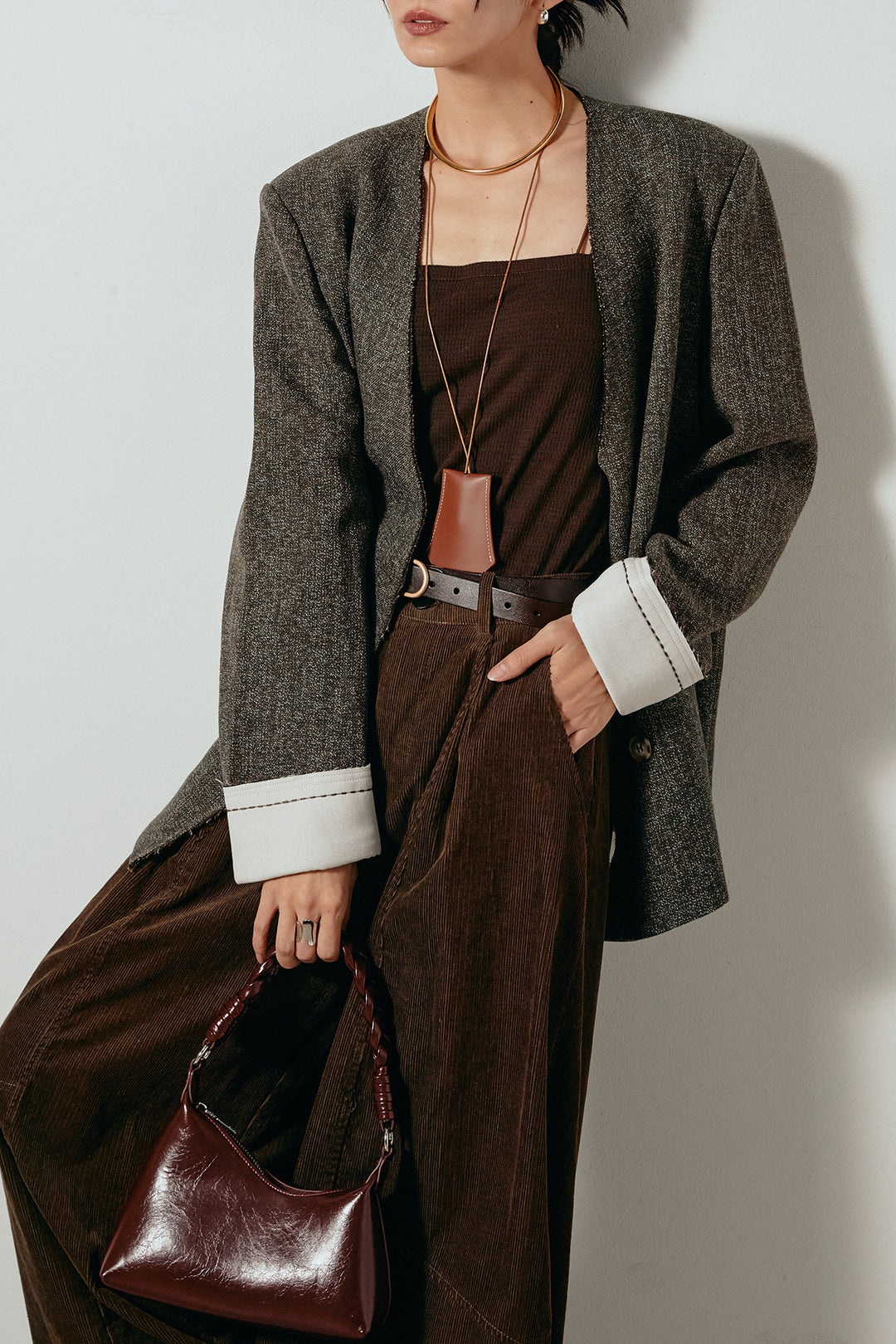 [SET]ノーカラーダブルボタンツイードジャケット+タック入りコーデュロイワイドパンツ(2set)