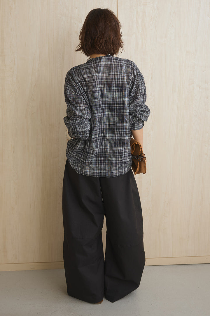 [SET]ネック紐付きワッシャーチェックブラウス+ダブルスキニーベルト付きカーブパンツ(2set)