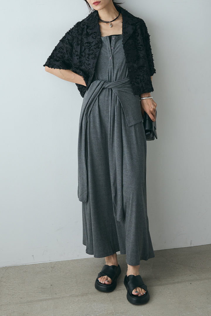 [SET]半袖オープンカラージャガード柄シャツ+ウエスト巻きリブロングワンピース(2set)