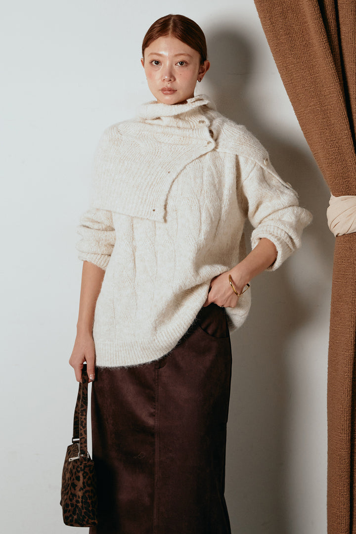 [SET]ケープデザインケーブルニットトップス+スウェードライク裾フリンジスカート(2set)