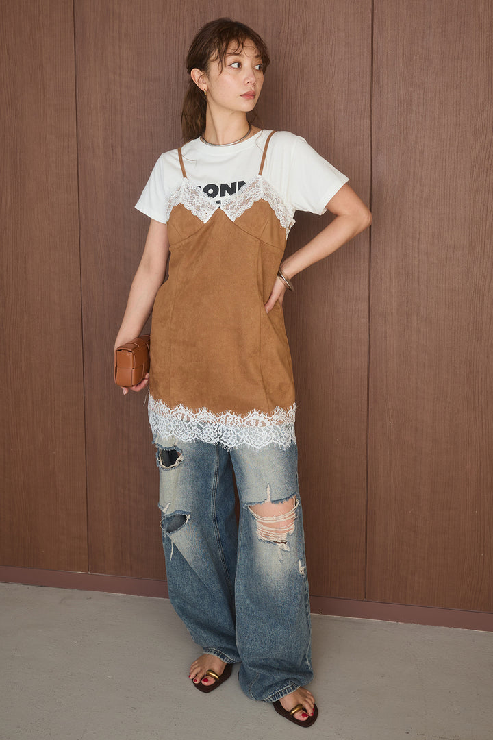 [SET]半袖ロゴプリントTシャツ+スエードレースキャミチュニック+ダメージバレルデニム(3set)