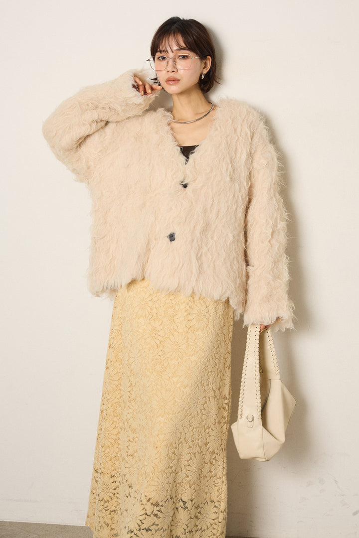 [SET]起毛シャギーニットカーディガン+花柄刺繍ベロアフレアスカート(2set)