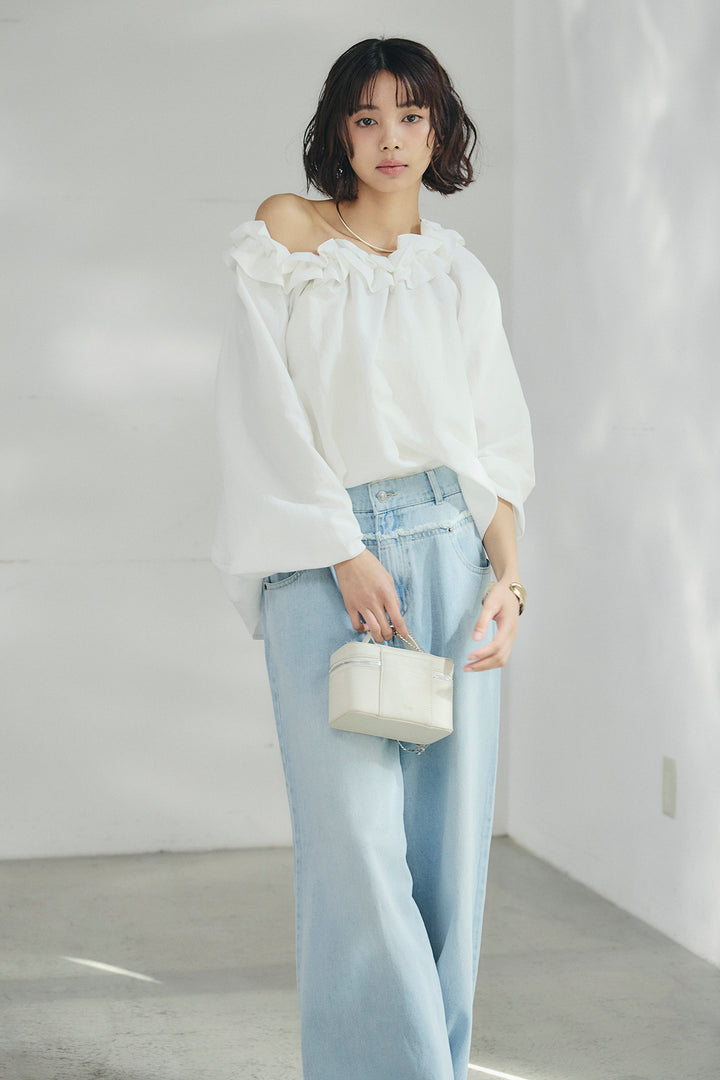 [SET]ネックフリルデザインブラウス+ウエスト裁ち切りデニムワイドパンツ(2set)