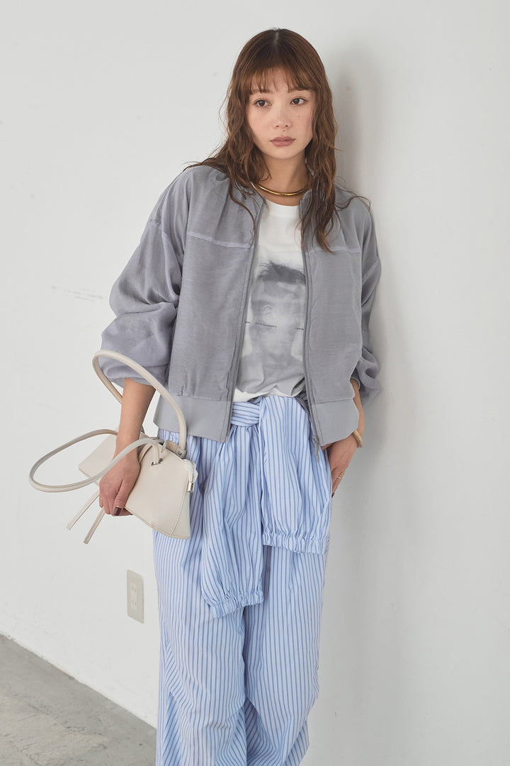 [SET]シアー×ポンチブルゾン+ストライプウエスト巻きジョガーパンツ(2set)