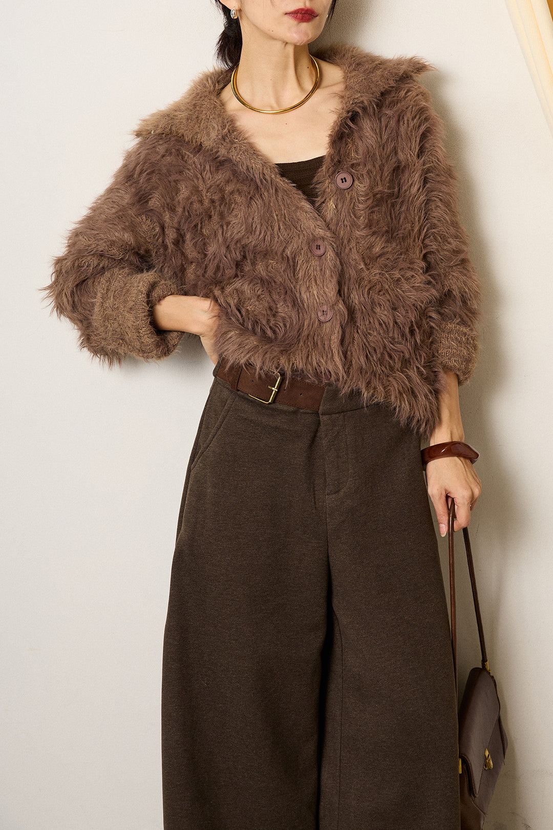 [SET]襟付きシャギーニットカーディガン+サイドベルトパンツ(2set)