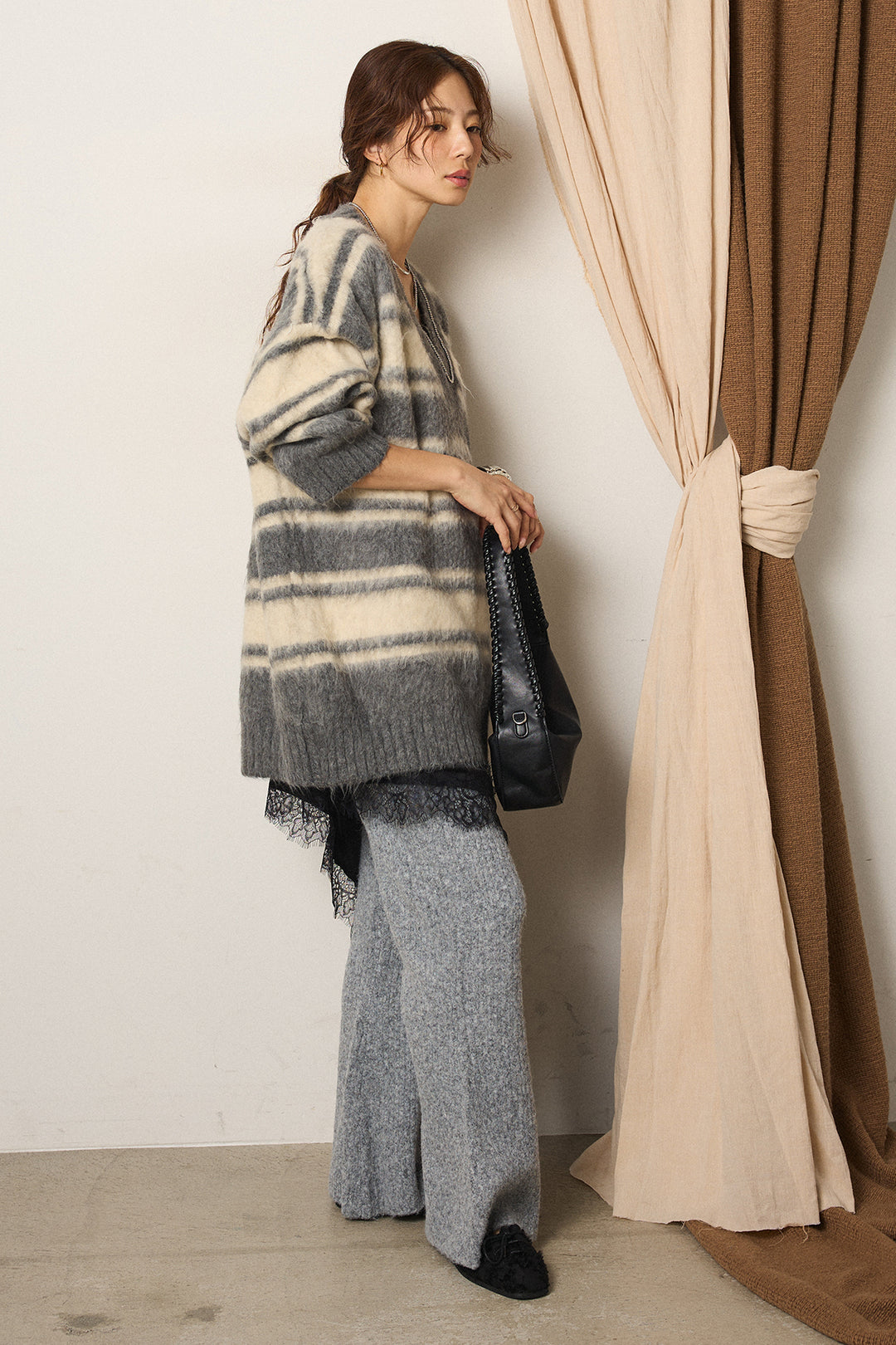 [SET]ルーズVネックボーダーニットトップス+杢ニットリブフレアパンツ(2set)