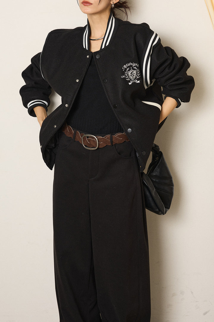 [SET]ワンポイントデザインブルゾン+編みベルト付きワイドパンツ(2set)