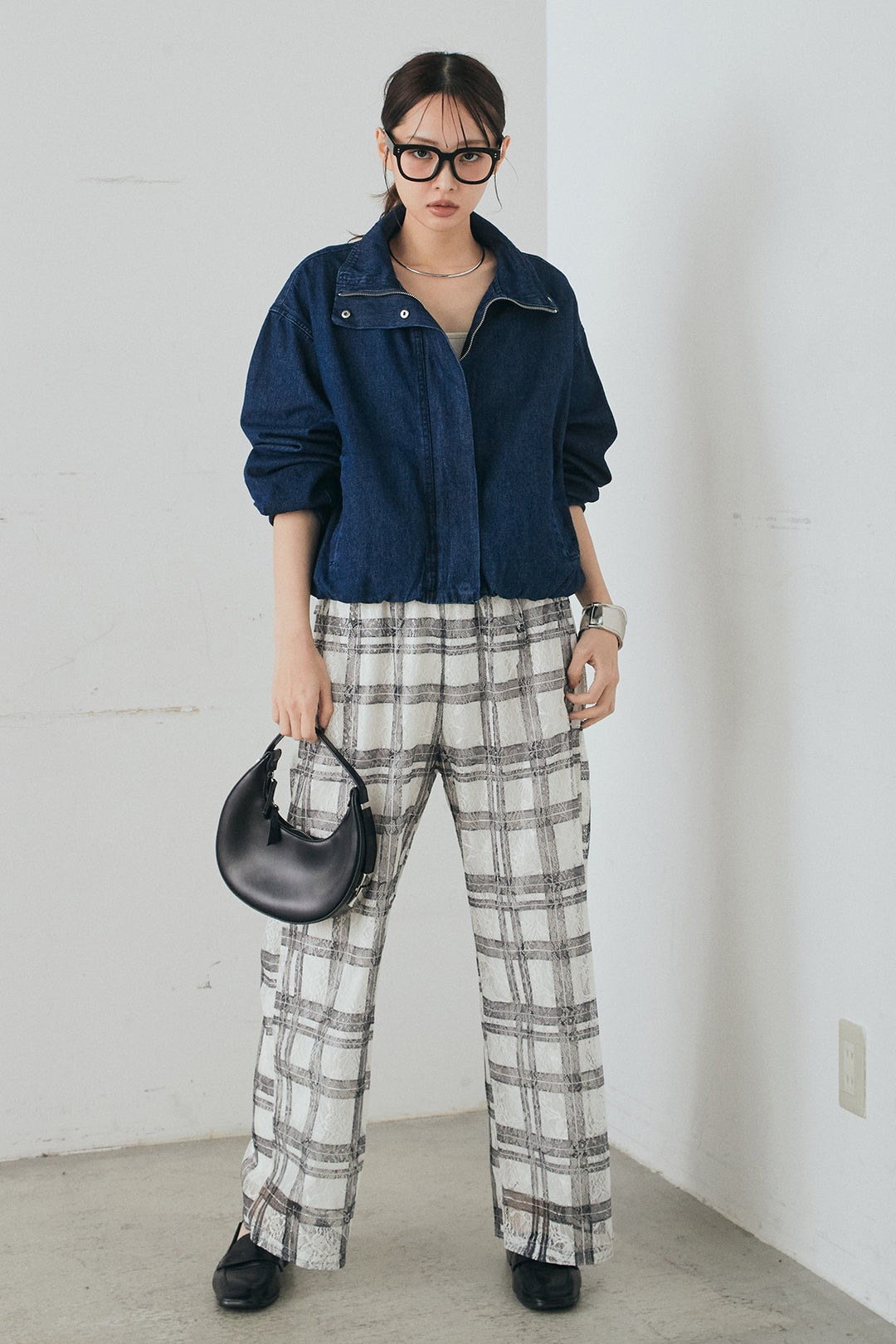 [SET]スタンドカラーデニムブルゾンジャケット+レースチェックワイドイージーパンツ(2set)
