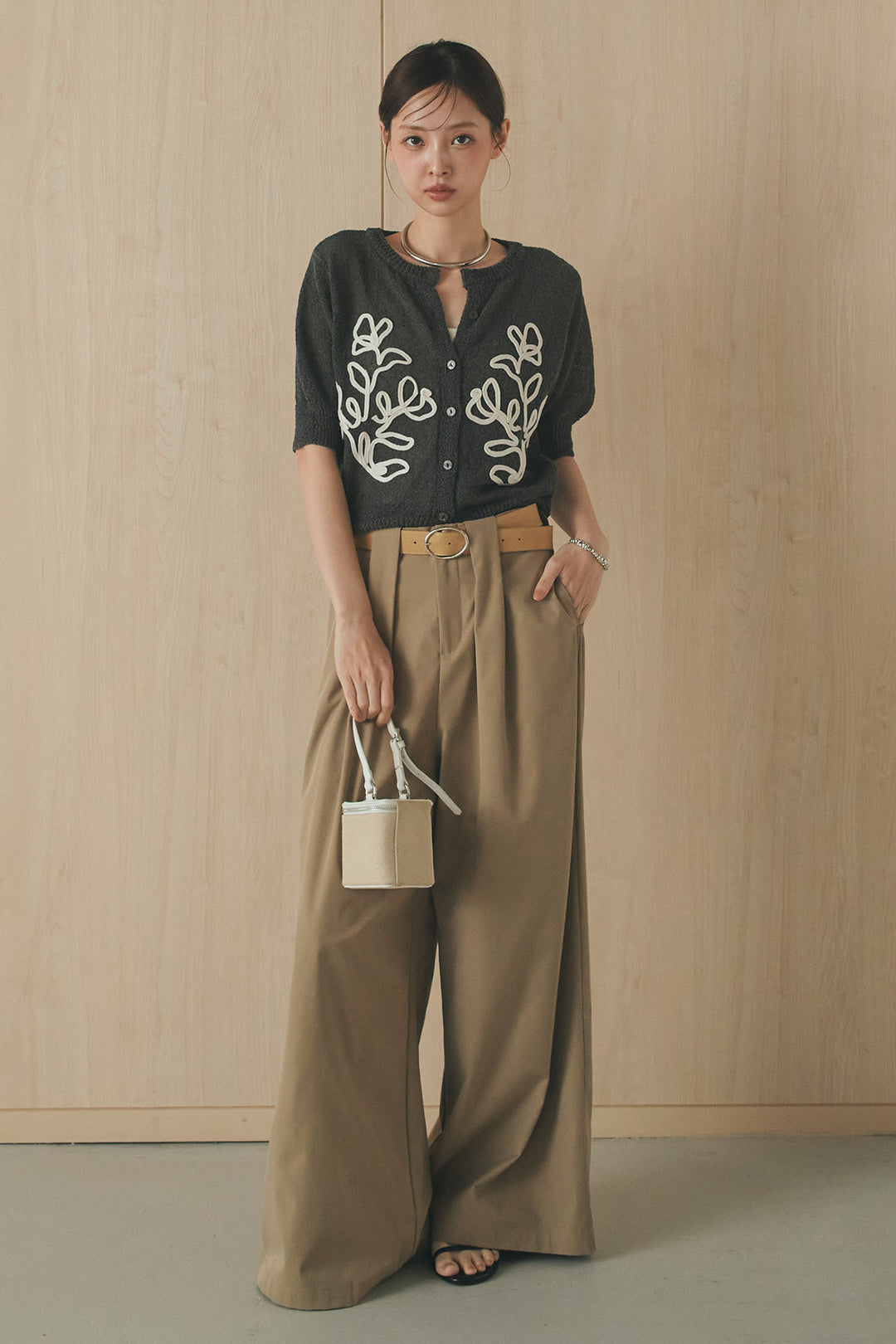 [SET]フロントテープデザイン半袖カーディガン+ベルトループデザインハイウエストタックパンツ(2set)