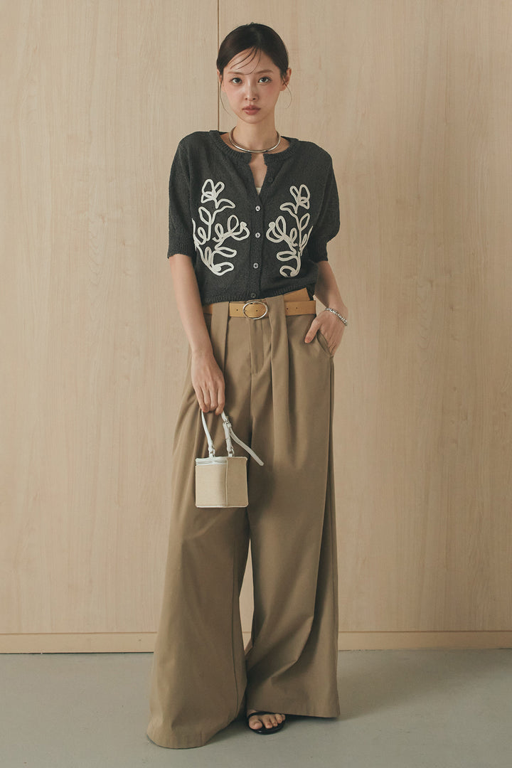 [SET]フロントテープデザイン半袖カーディガン+ベルトループデザインハイウエストタックパンツ(2set)