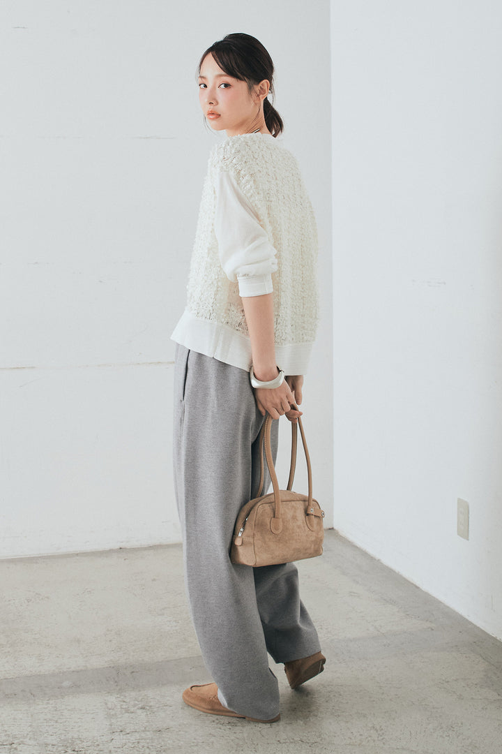 [SET]モコレースVネックカーディガン+カットダンボールウエストフリルカーブパンツ(2set)