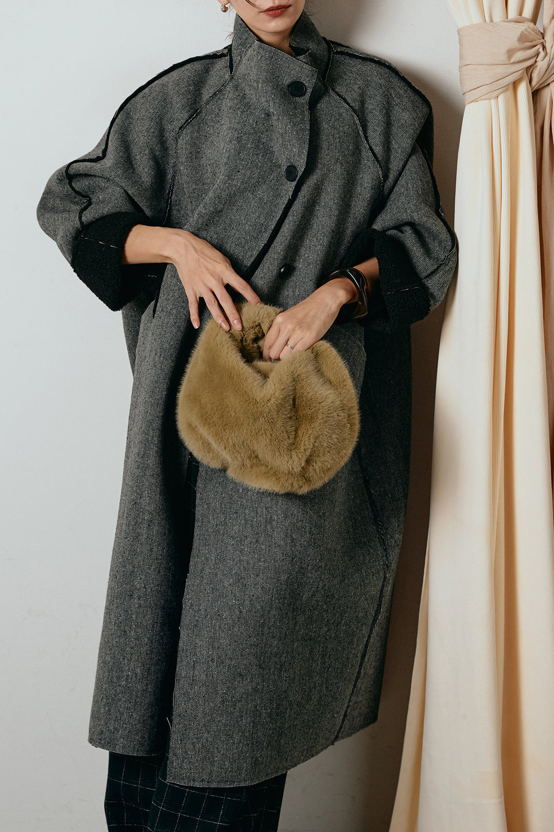 [SET]裏地ボアハイネックロングアウター+ウールライクチェックタックパンツ(2set)