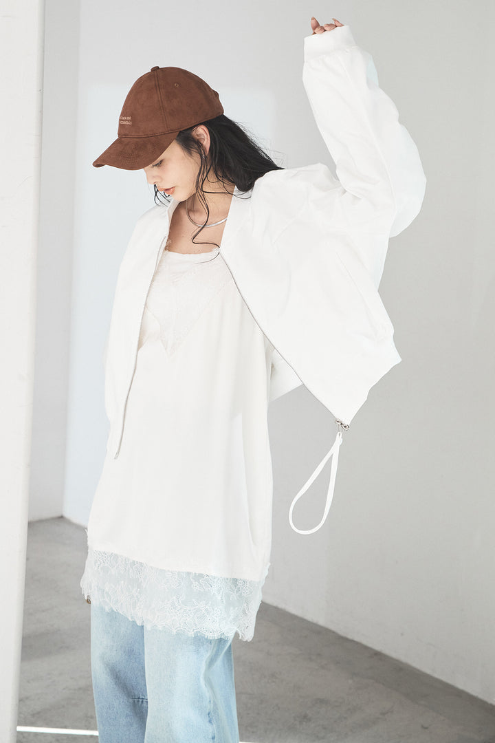 [SET]袖ギャザーデザインブルゾン+デニムアシメカーブパンツ(2set)