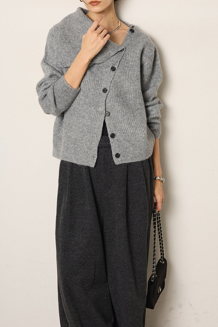 [SET]ボタンデザインネックニットプルオーバー+起毛タック入りツイードワイドパンツ(2set)