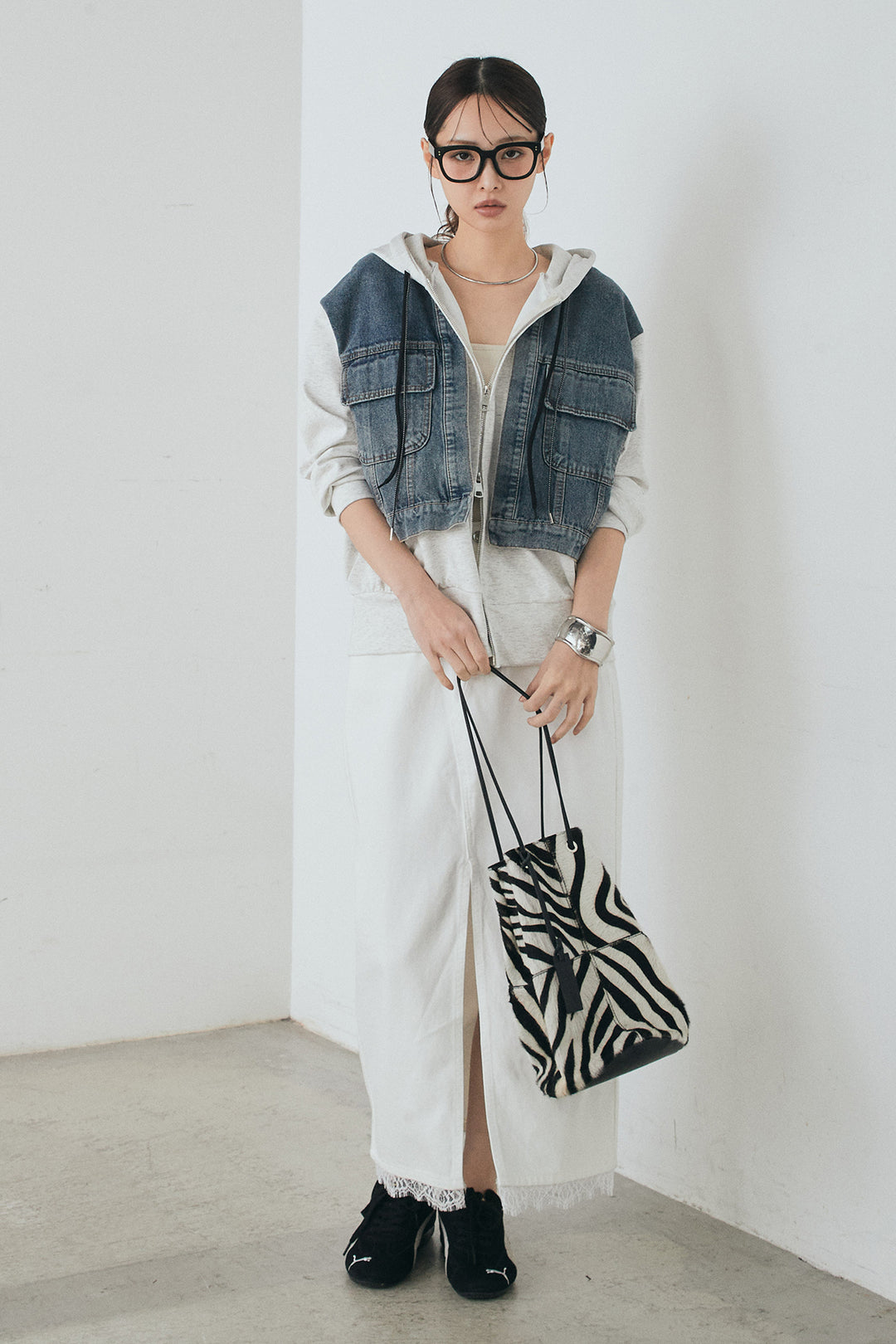 [SET]デニム切替ポンチダブルジップパーカー+裾レースデザインデニムスカート(2set)