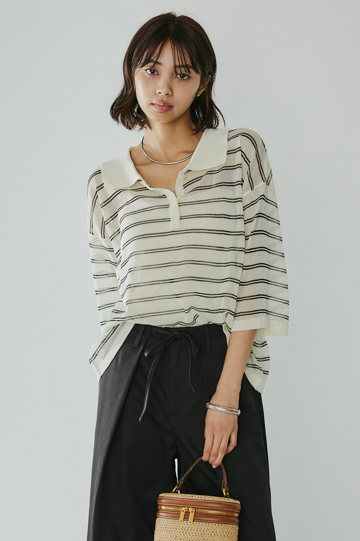 [SET]ボーダーニットポロシャツ+ニーサイドタックウエストドロスパンツ(2set)