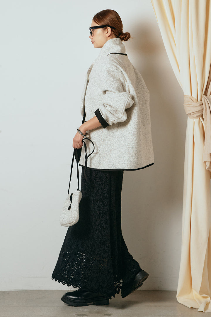 [SET]ノーカラーマフラーバッグ付きアウター+花柄刺繍ベロアフレアスカート(2set)