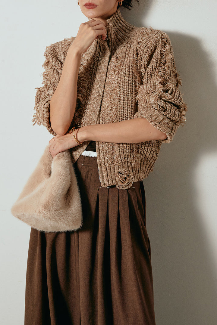 [SET]ハイネックフリンジジップニットトップス+ウエストステッチデザインワイドスラックス(2set)