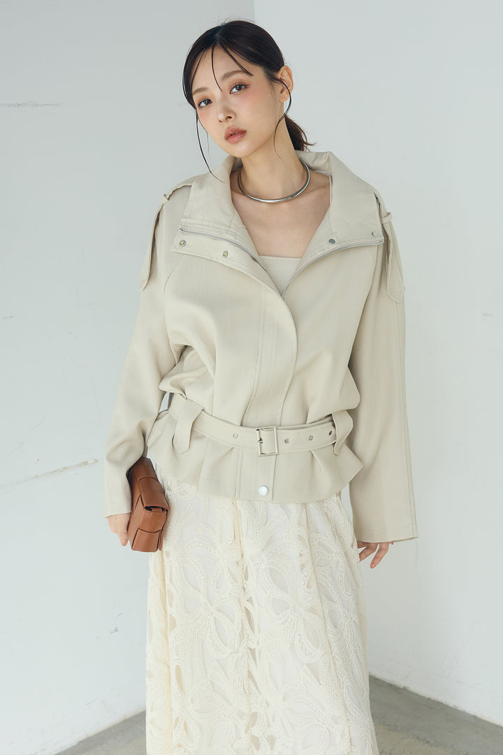 [SET]ベルト付きスタンドネックアウター+ニュアンス柄刺繍スカート(2set)