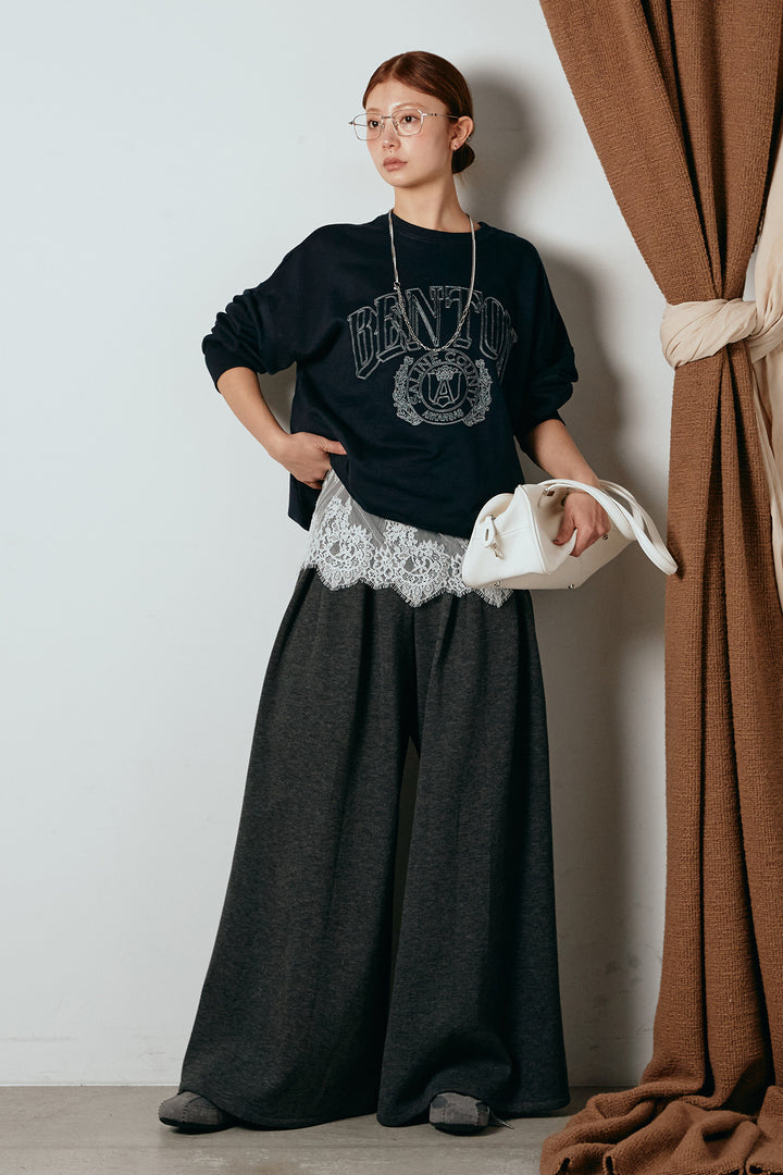 [SET]フロントロゴスウェットプルオーバー+フェイクレザー太ベルト付きタックワイドパンツ(2set)