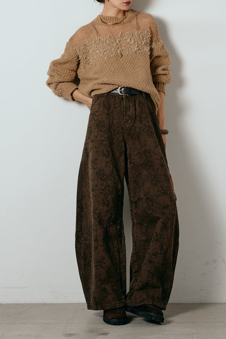 [SET]パターンランダム編みニットトップス+ベルト付きニュアンス柄カーブワイドパンツ(2set)