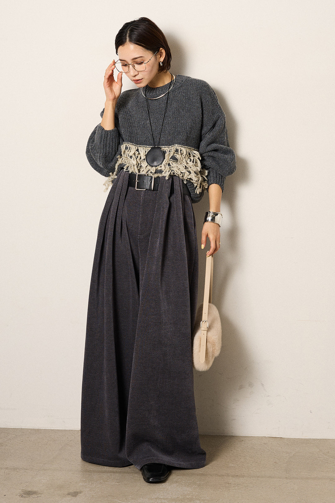 [SET]ループ編み切り替えニットプルオーバー+ベルトループコーデュロイワイドパンツ(2set)