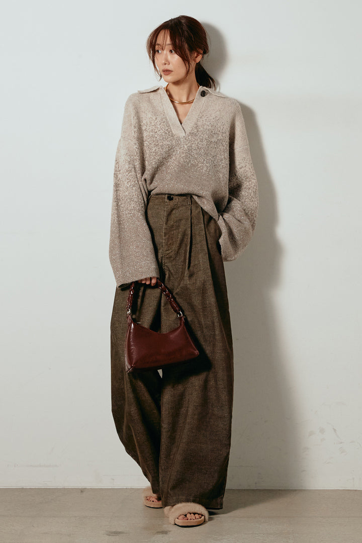 [SET]グラデーションラメニットキーネックプルオーバー+フロントタック入りコーデュロイパンツ(2set)