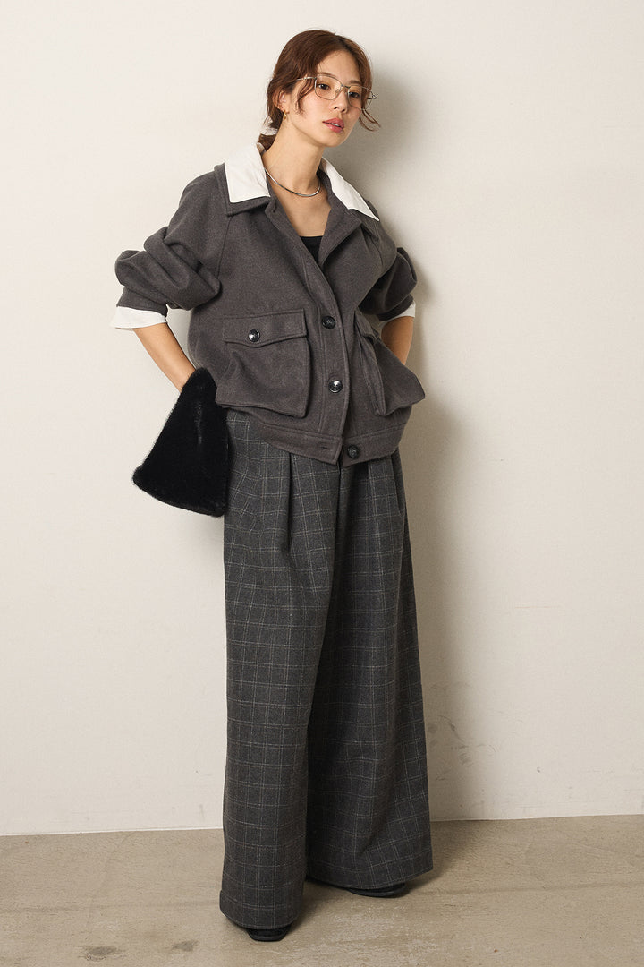 [SET]衿レイヤードフェイクウールジャケット+ウールライクチェックタックパンツ(2set)