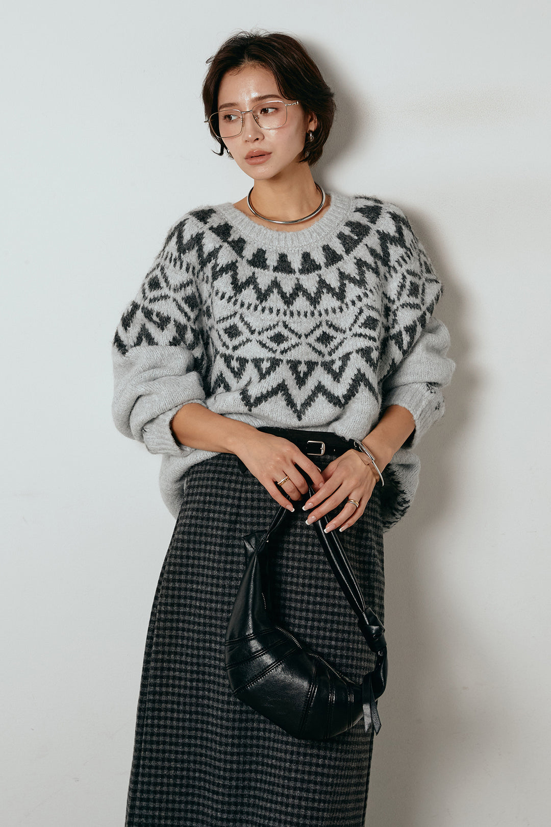 [SET]ノルディック柄Uネックプルオーバー+スエード調ベルト付きチェックナロースカート(2set)