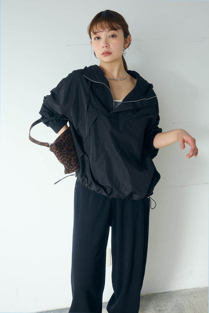 [SET]ナイロンフーディーブルゾンアウター+裾絞りリブニットパンツ(2set)