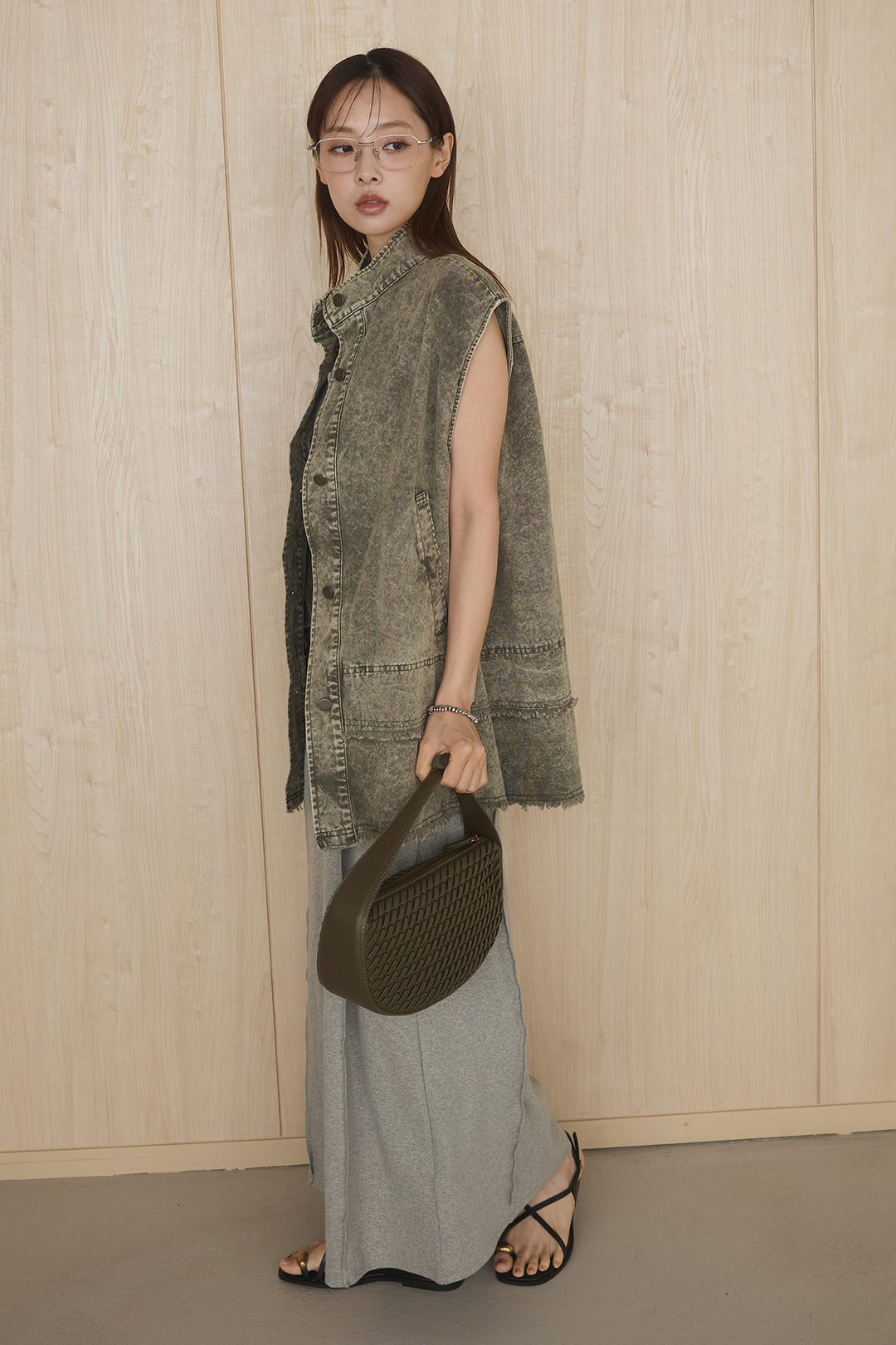 [SET]ケミカルデニムヘムカットオフジレ+ノースリロングワンピース(2set)