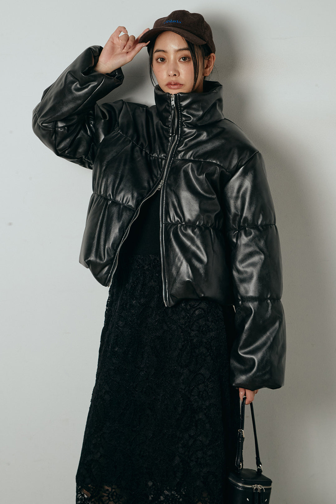 [SET]レザーライクWジップスタンドカラー中綿ブルゾン+総レース刺繍スカート(2set)