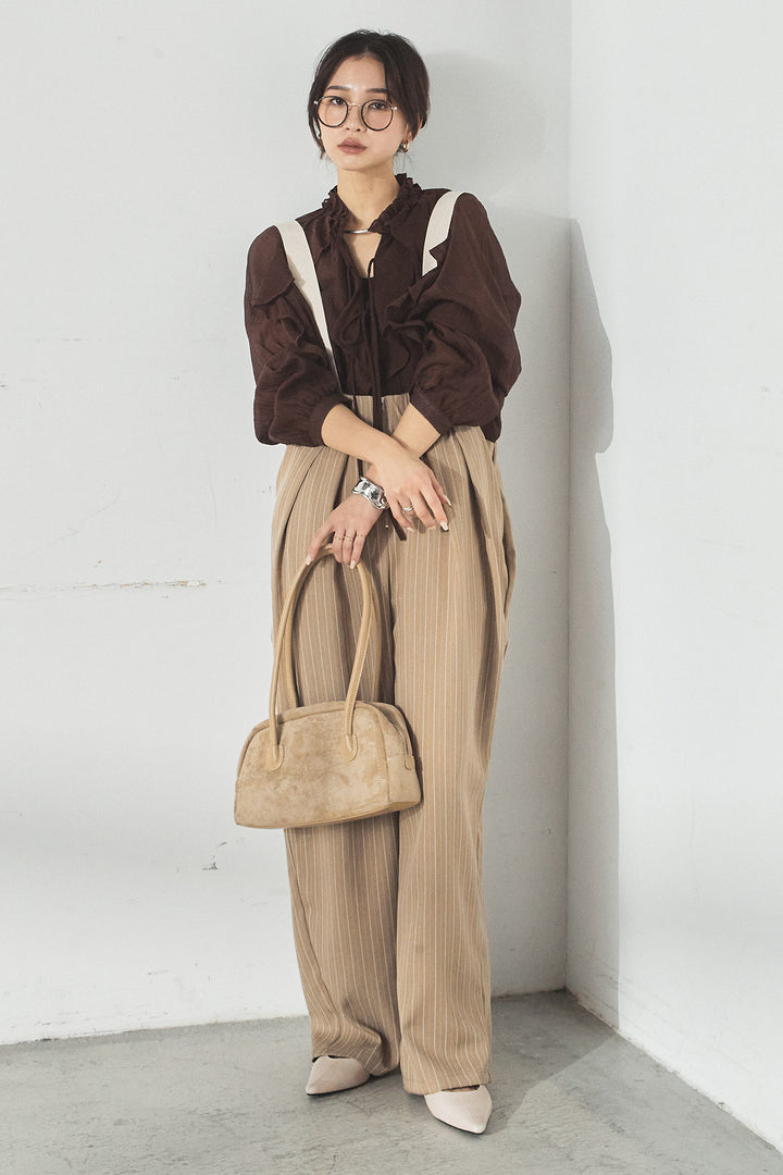 [SET]フロントリボンフリルブラウス+ピンストライプツータックサロペット(2set)