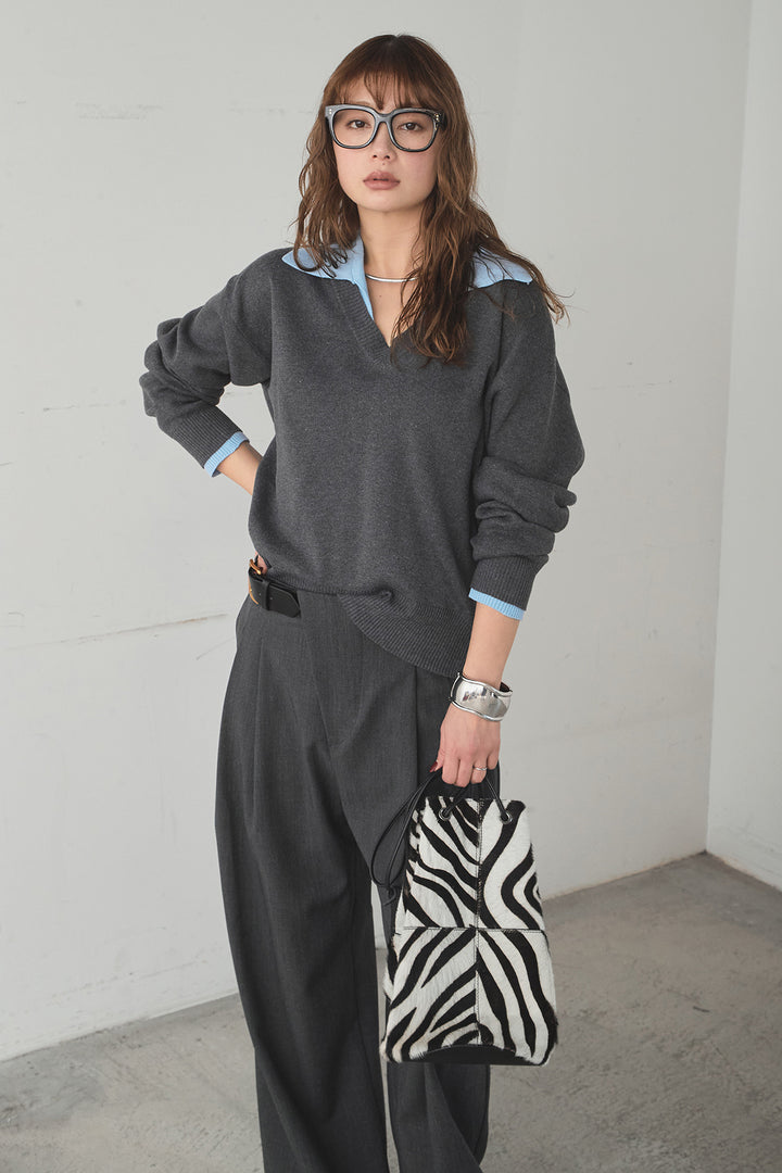 [SET]バイカラーニットレイヤード風プルオーバー+サイドベルトタック入りスラックス(2set)