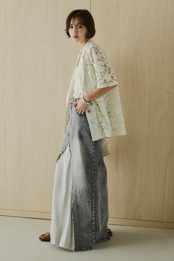 [SET]シアージャガードハーフスリーブテーラードジャケット+サテン切り替えデニムスカート(2set)