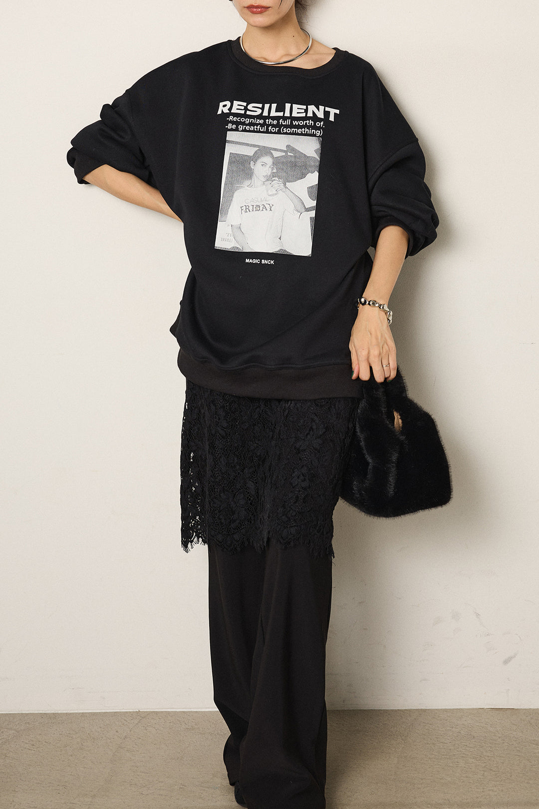 [SET]モノトーンプリントスウェット+レース刺繍レイヤードフレアパンツ(2set)