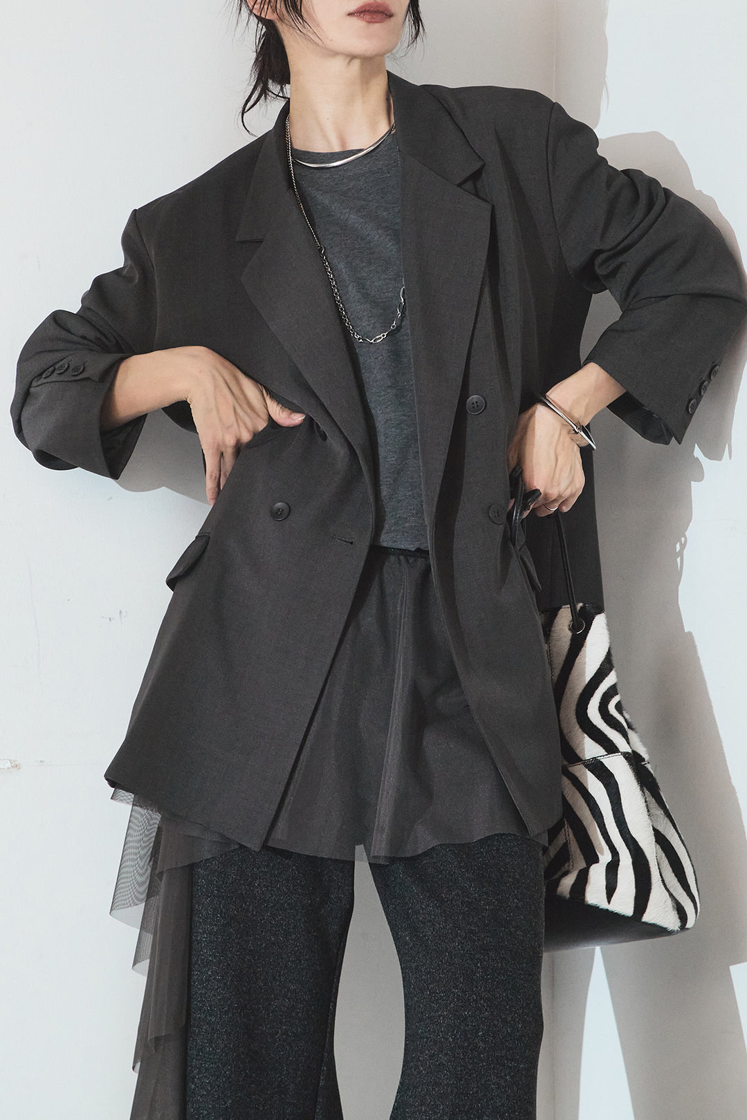 [SET]ルーズシルエットダブルテーラードジャケット+ストレッチロングTシャツ+チュールレイヤードニットパンツ(3set)