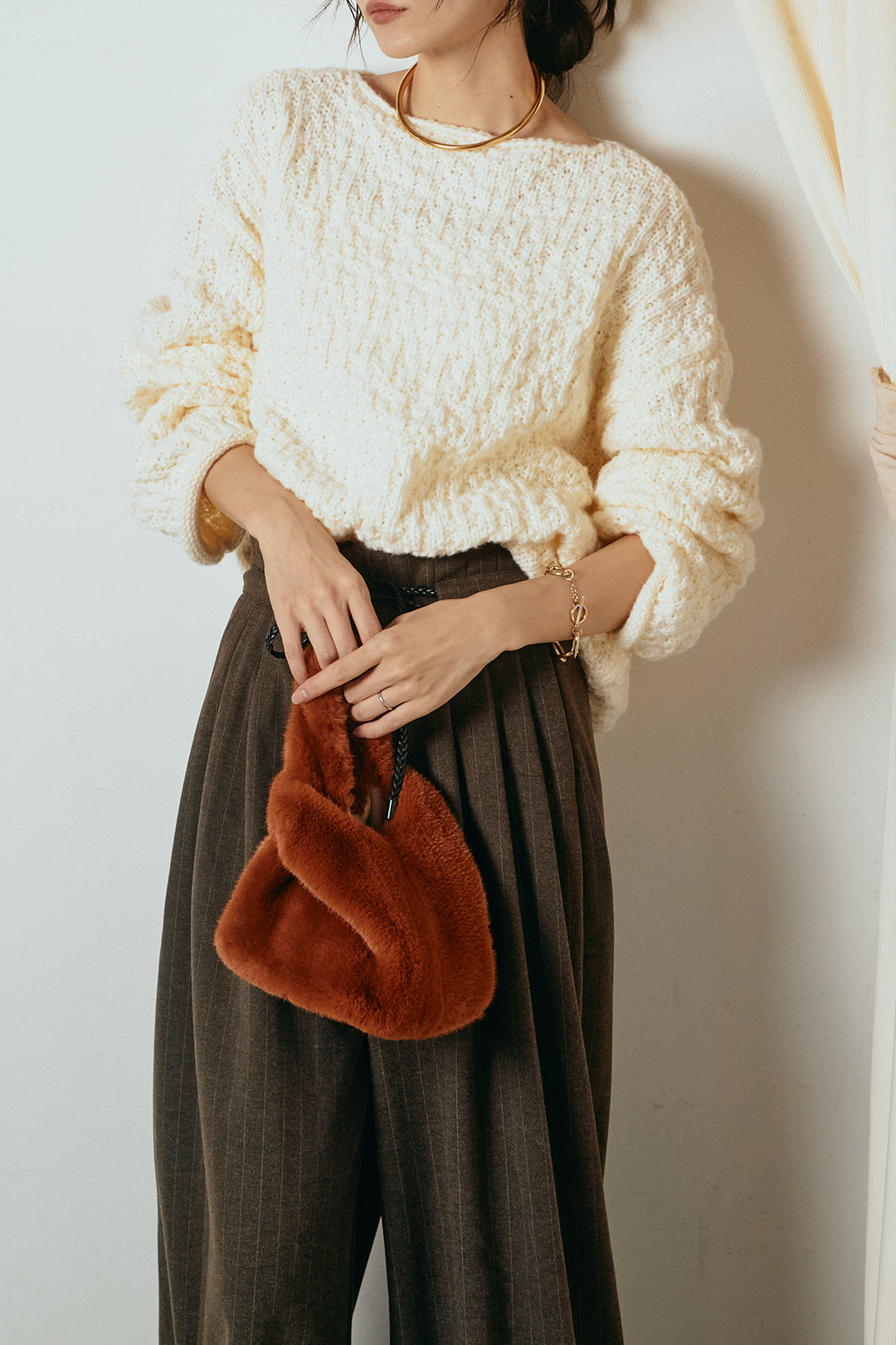 [SET]ボリューム編みニットプルオーバー+編みベルト付きピンストライプワイドパンツ(2set)