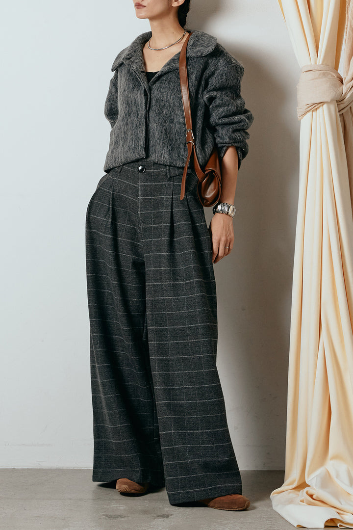 [SET]シャギーショートジャケット+スクエアチェック柄ワイドパンツ(2set)